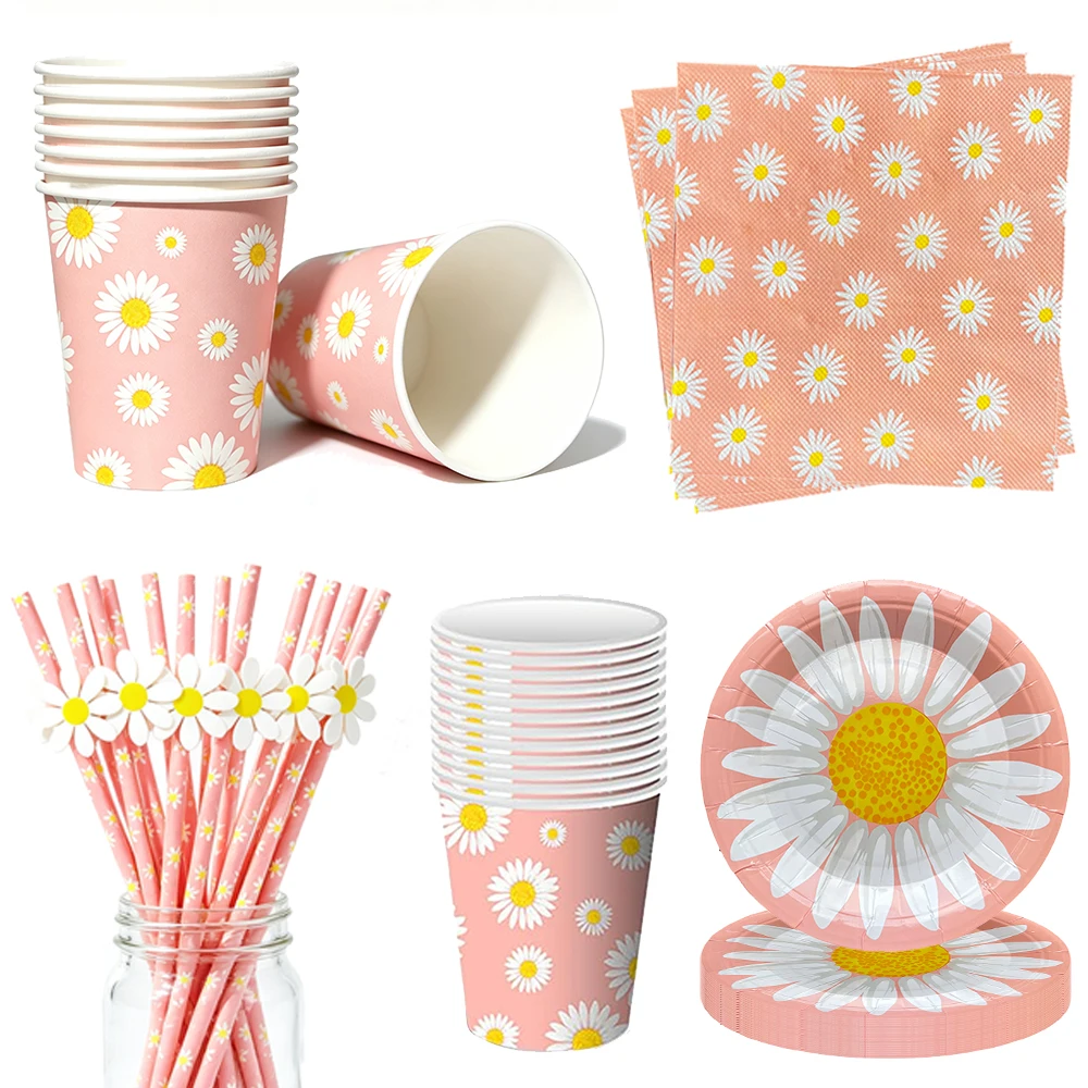 Gänseblümchen-Thema, Einweggeschirr, Blumen-Pappteller, Servietten, Tasse, Gänseblümchen-Blume, Kindergeburtstag, Party, Babyparty, Hochzeitsdekoration