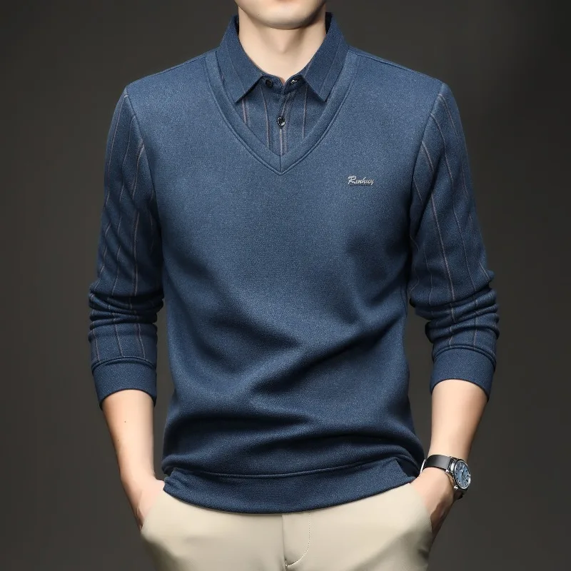 

Fake two-piece men's fleece and thickened winter clothing for middle-aged men in autumn and winter, warm wool sweater