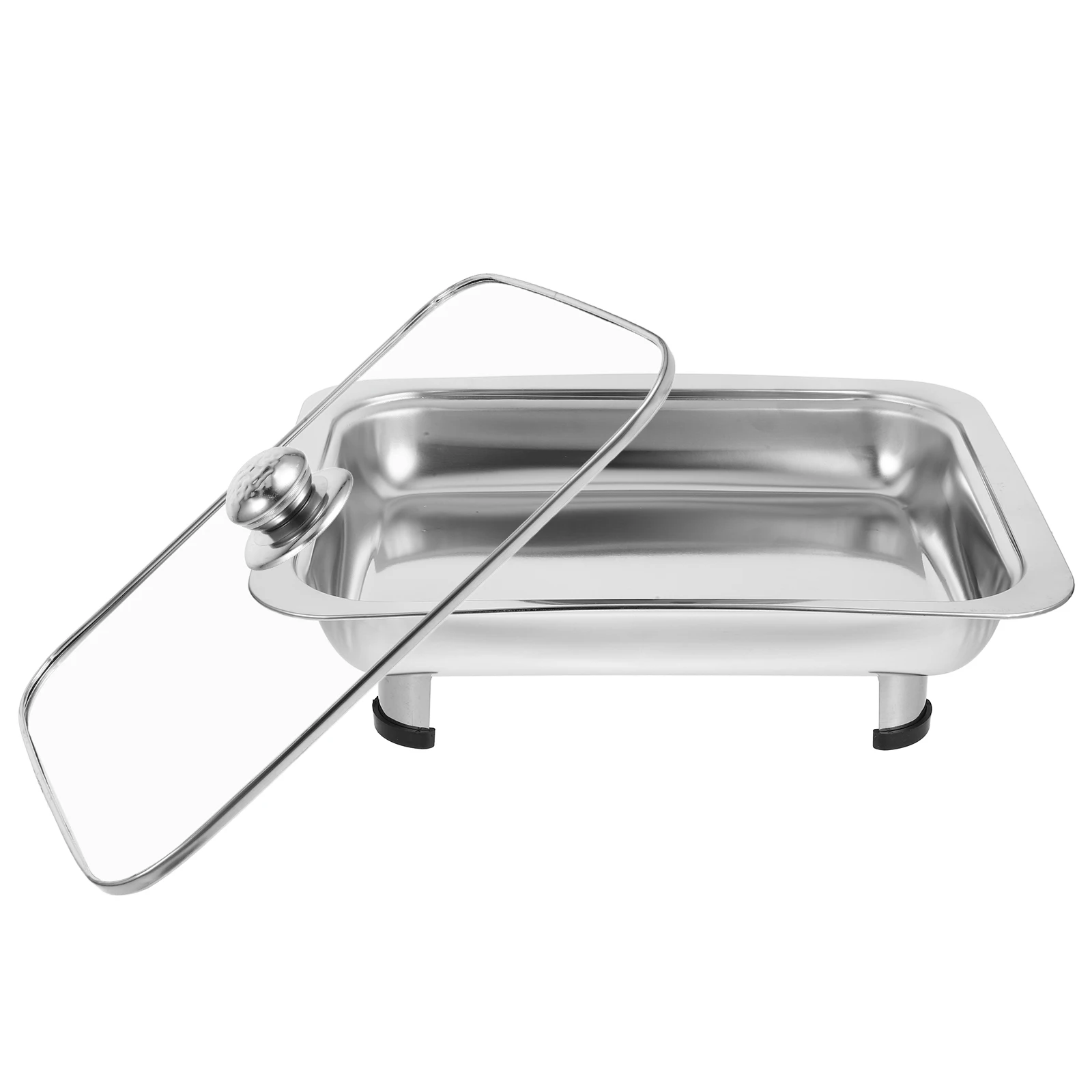 

Rectangular Buffet Tray Stainless Steel Pan Glass Cover Four Legs Support Cafeteria Party Food Display Chafing Dish Set