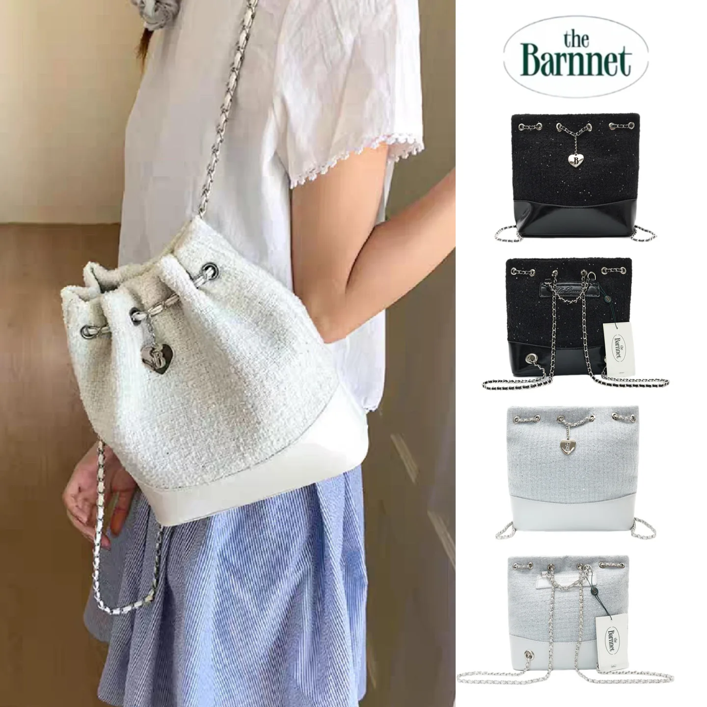 

Thebarnnet Chain Backpack Korean-Style Tweed Fashion Drawstring Bag Shoulder Bag