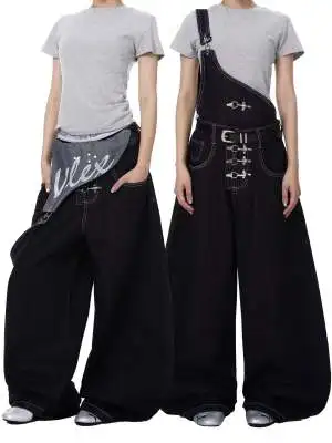 American Retro Multi-Buckled Knife Women's Jeans Loose Straight Leg Casual Floor-Length Trousers Trendy Mid-Waist Jeans