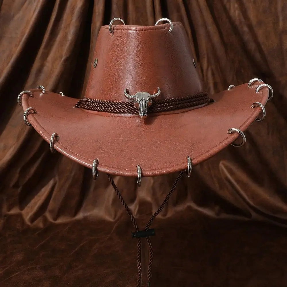 Shadow Hat Wide Brim Western Cowboy Hat Solid Color Ethnic Style Panama Cap Punk Pu Leather Jazz Hat Ladies