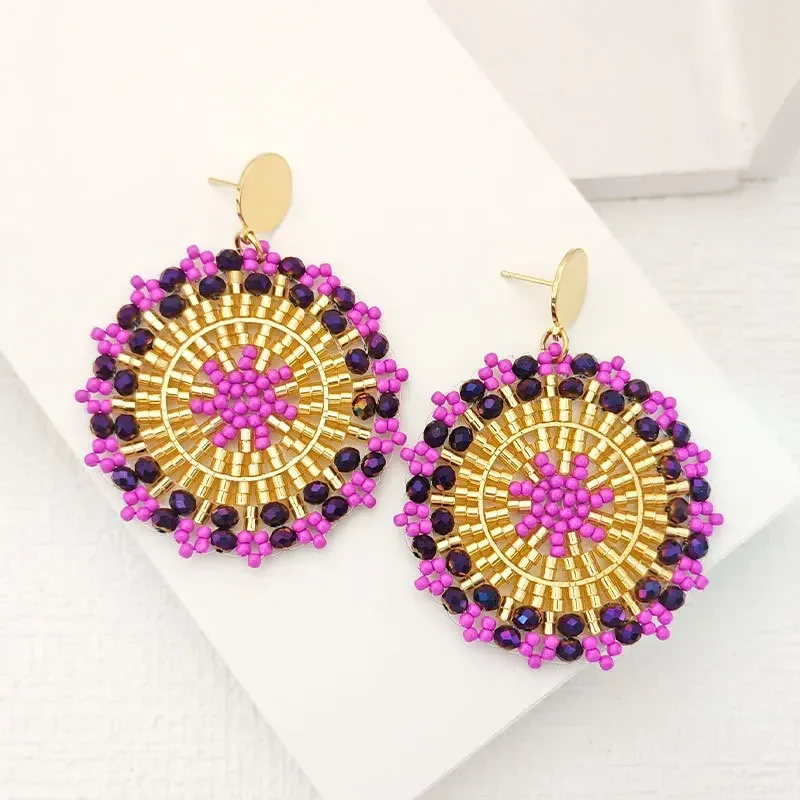 Women's Bohemia Sunflower Crystal Rice Bead Earrings Hand Knitted Fashionable Beaded Jewelry Versatile round Design Alloy
