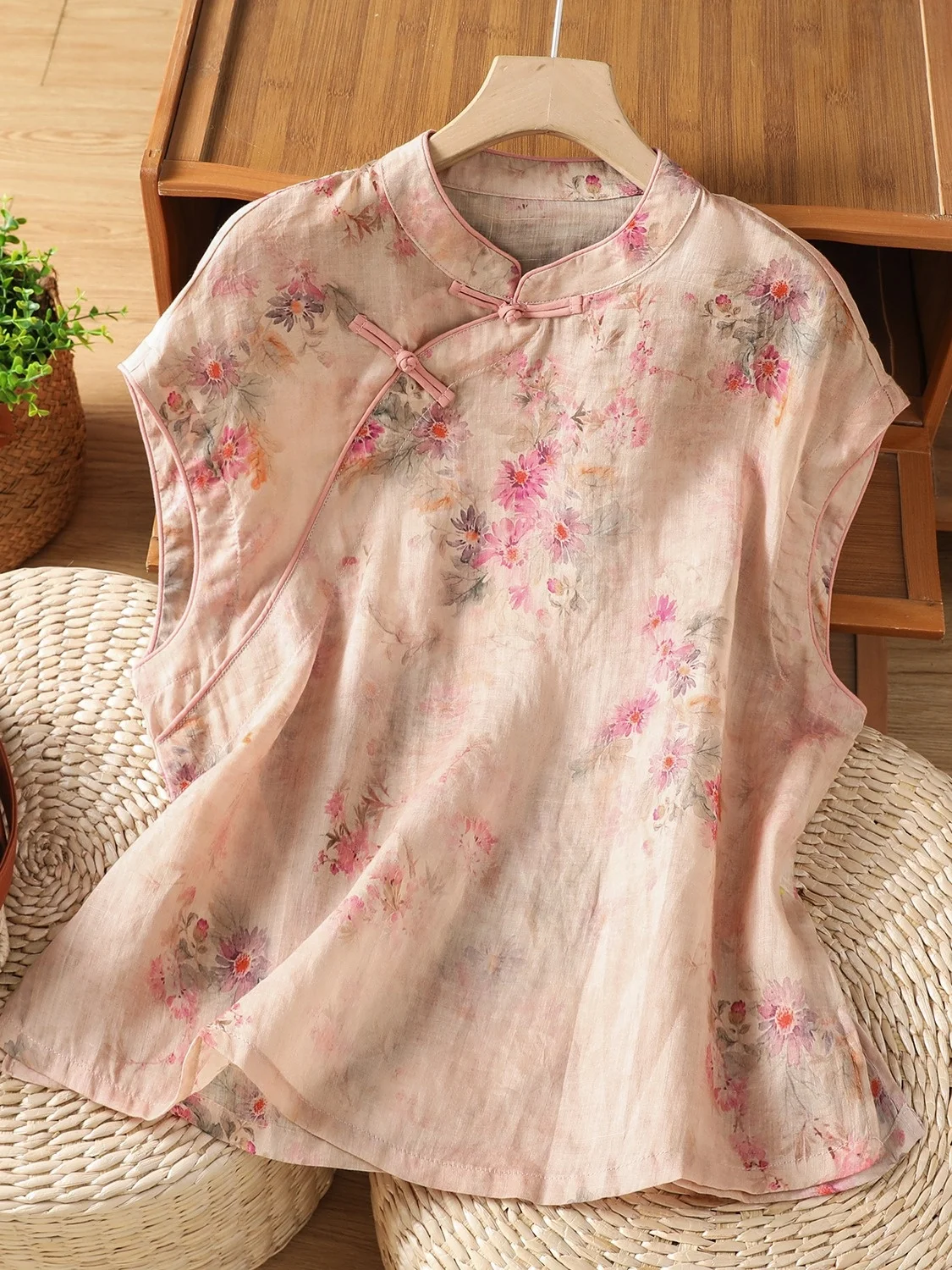 

Chinese Style Vintage Print Cotton Linen Sleeveless Shirt Women Summer Oblique Button Stand Collar Slimming Breathable Top Thin