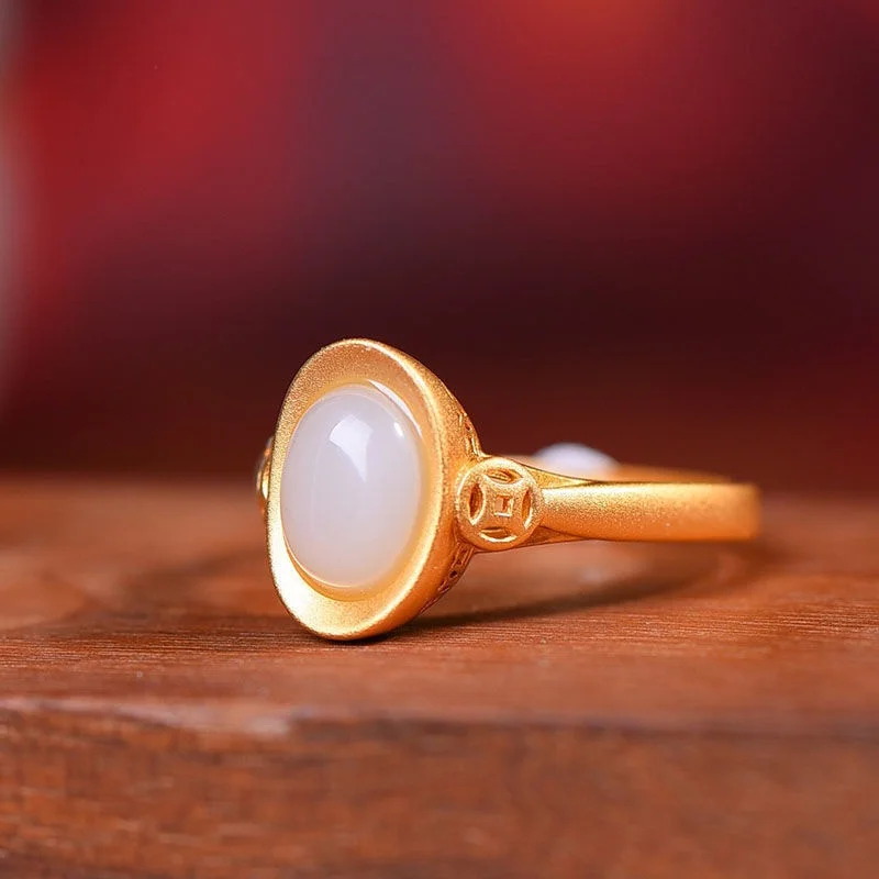 

Позолоченное кольцо с белым нефритом и вставкой в виде сокровища, в ретро-китайском классическом стиле, привлекающее богатство, для женщин, на указательный палец