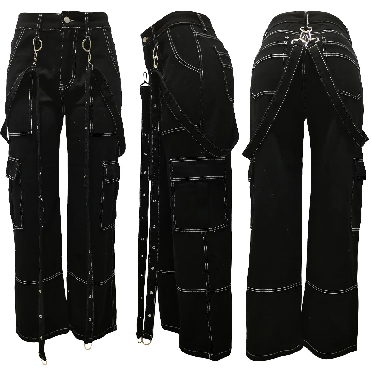 Women Gothic Cargo Jeans High Waist Contrast Strap Wide Leg Pants With Strap Y2K Streetwear Multi Pocket Black Denim Trousers
