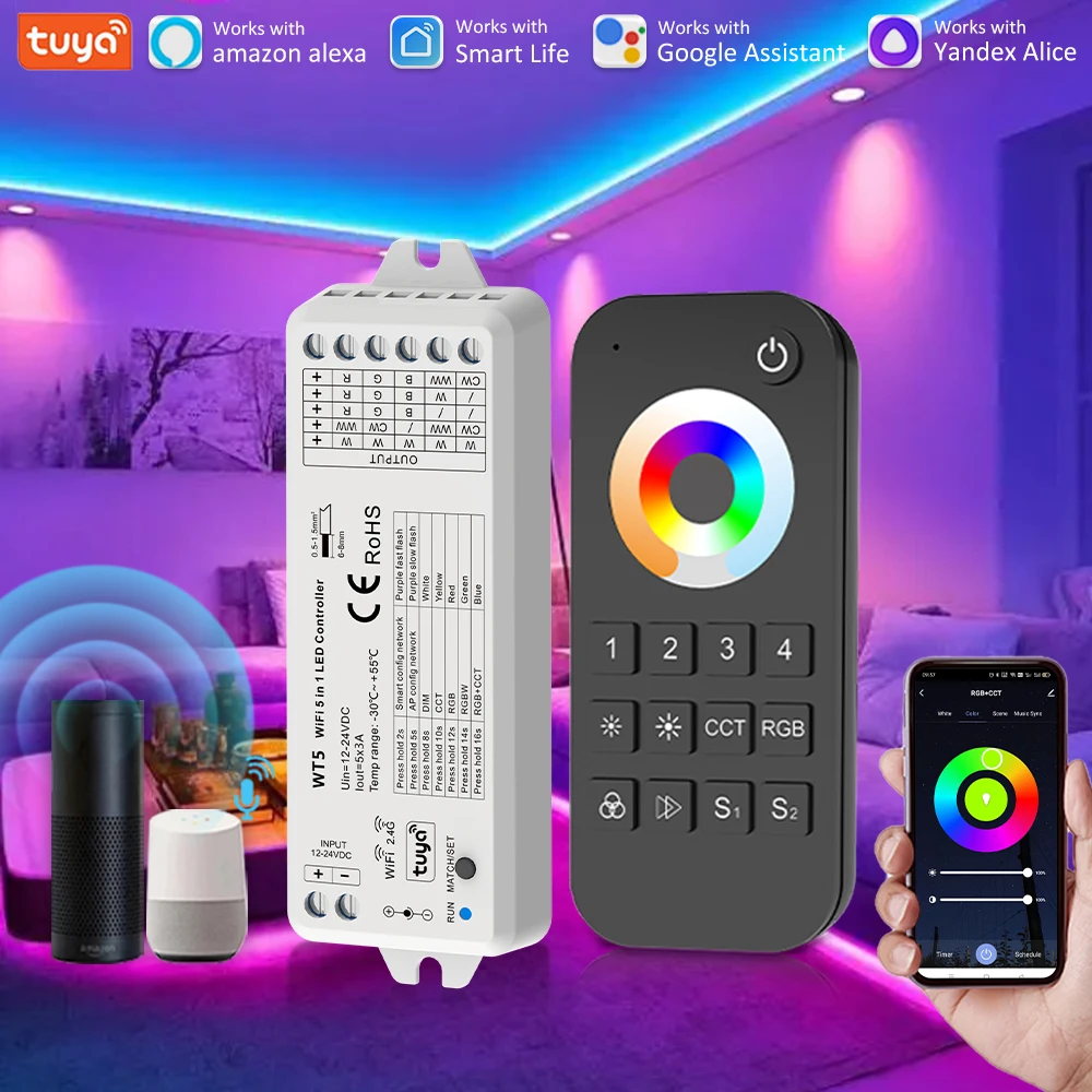 smart life controlador wi fi trabalhar com alexa google assistente led dimmer wt5 tuya 5in rgb cct rgbw rgbcct 12v 24v 15a 01