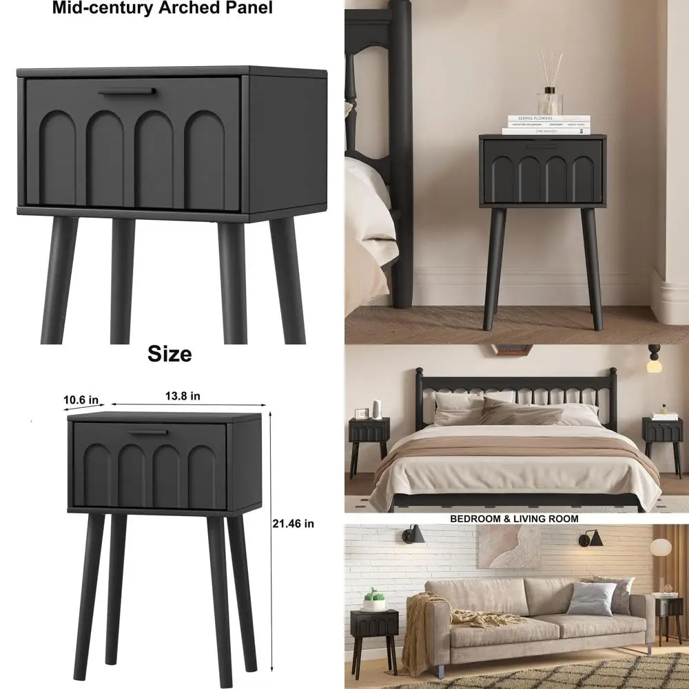 

Пара компактных черных прикроватных тумбочек с арочными дверцами и деревянными ножками для современных спален