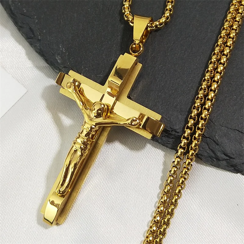 Jesus Cross Crucifix Pendant Necklace for Men Stainless Steel Gold Color Christian Coffee Bean Chain Jewelry croix chrétienne