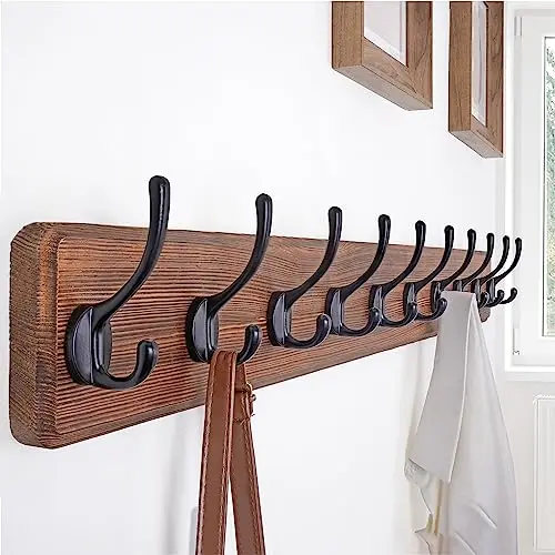 

Rustic Pine Wood Wall Coat Rack With Ten Black Metal Hooks For Coats Towels And Robes