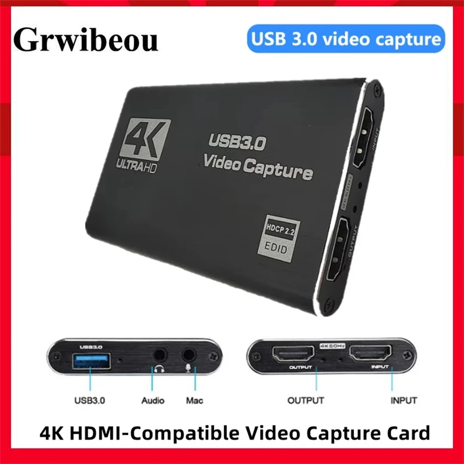 4K 1080P 60fps HD Video Capture Card HDTV Camera Recording HDMI- Compatible With USB 3.0 PC Live Streaming Grabber Recorder