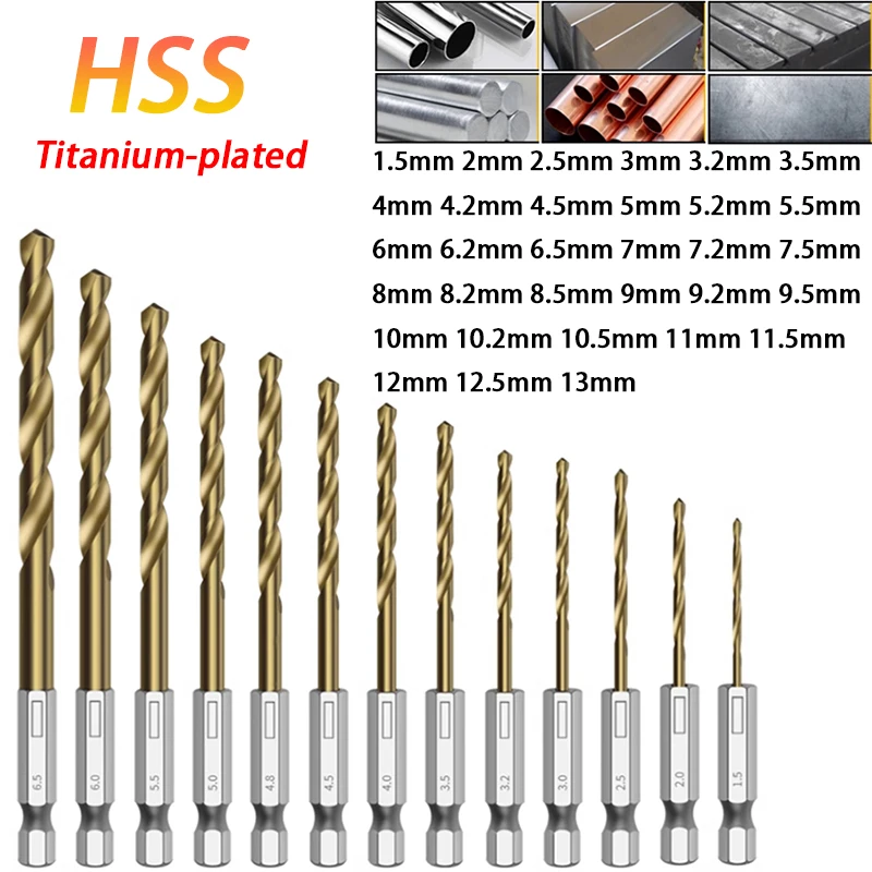 

Twist Drill Bit Set HSS Titanium-plated Hex Shank for Metal Drilling Tool 1.5mm-13mm Diameter 63mm-150mm Length