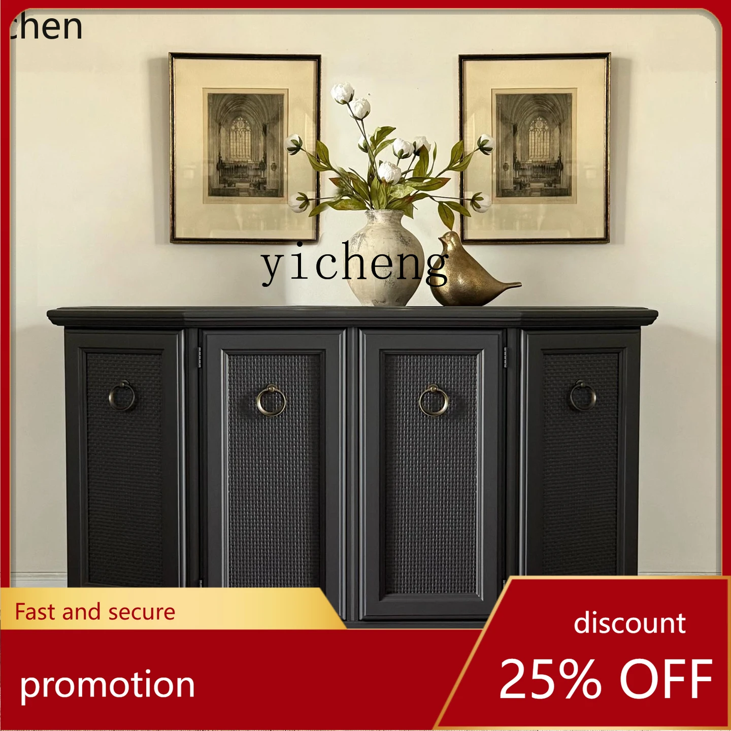 

HXL Solid Wood Entrance Cabinet Multifunctional Storage Cabinet Natural Rattan Tea Cabinet