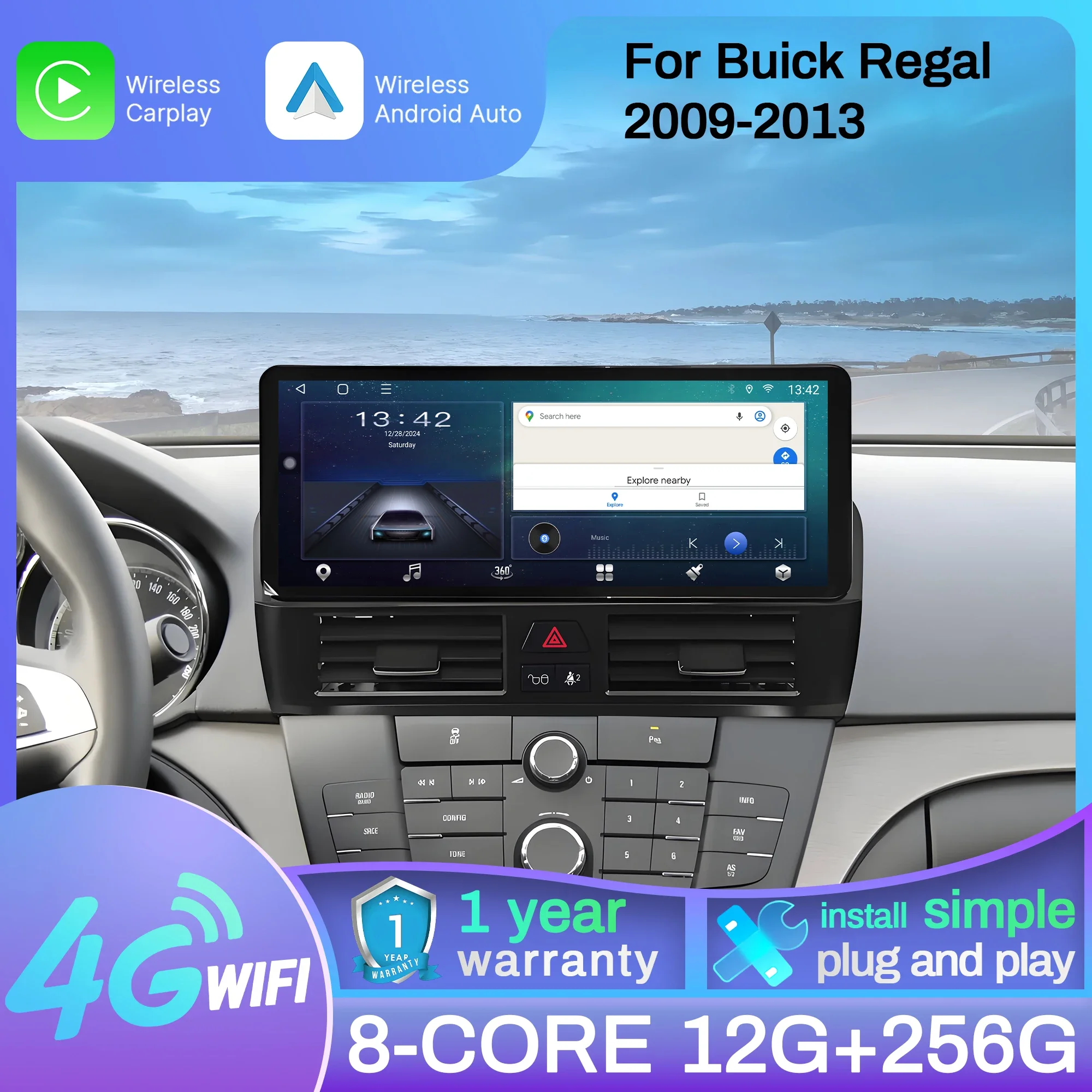 12.3inch For Buick Regal 2009-2013 Car Radio Android 15  Wireless Bluetooth Carplay Multimedia Navigation Head Unit Touch Screen