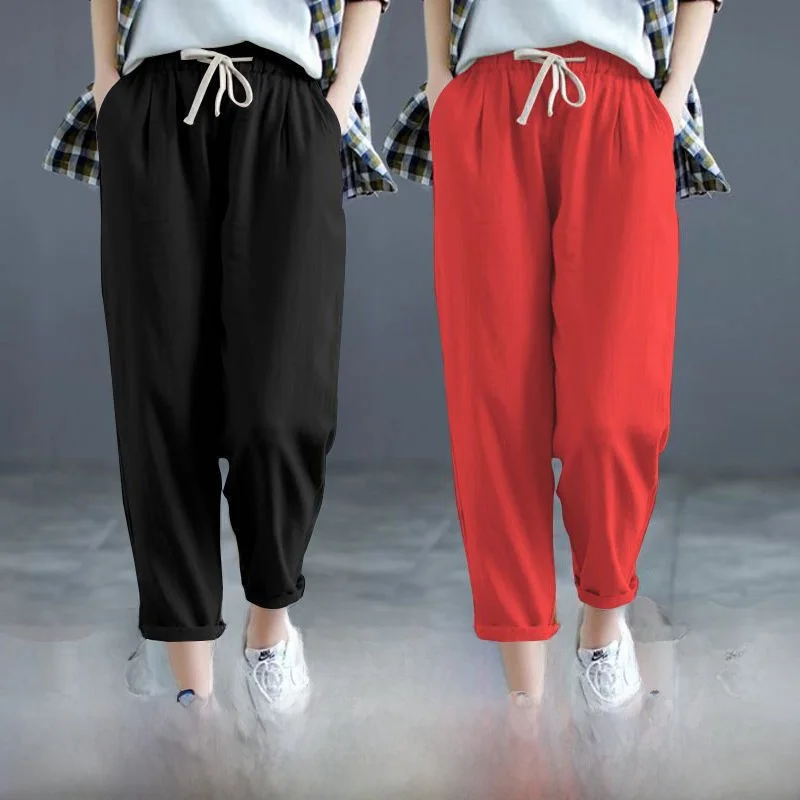

Summer Thin Wide Leg Pants Women's Loose Fit Cotton Linen Casual Trousers High Waist Nine Points Pants Slimming Loose Style