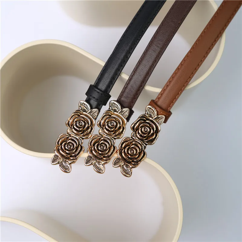 

Metal Curving Rose Slide Buckle Real Leather Waist Belts Women Slim Waistbands Autumn Suit Dress Cowskin Cinturones Para Hombre