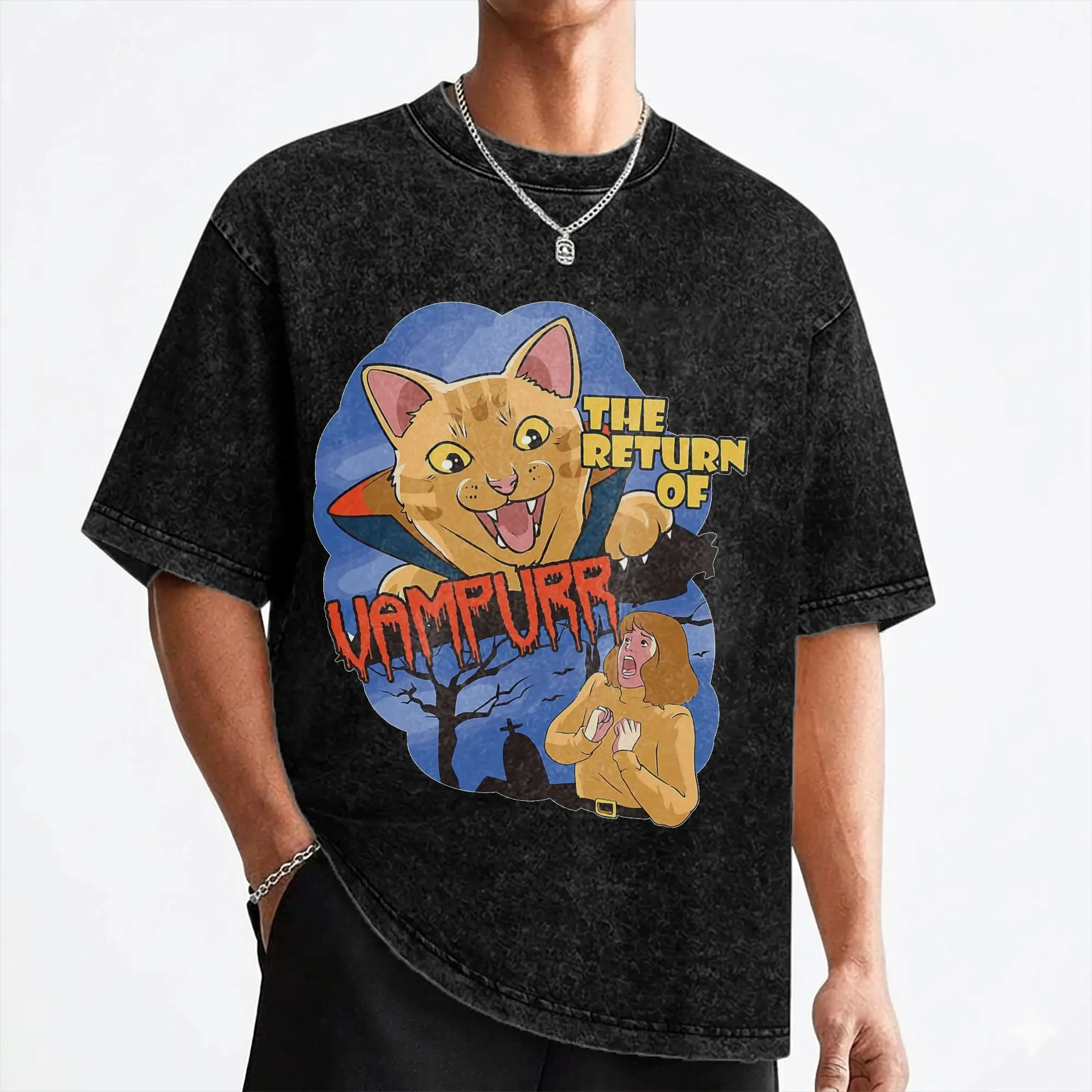 The Return of Vampurr  T Shirt Washed Cotton Oversize T-Shirt Horror Vampire Cat Novelty for Men Women Streetwear Summer Tees