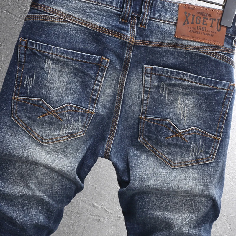 Fashion Designer Men Jeans High Quality Retro Washed Blue Stretch Slim Fit Ripped Jeans Men Italian Style Vintage Denim Pants