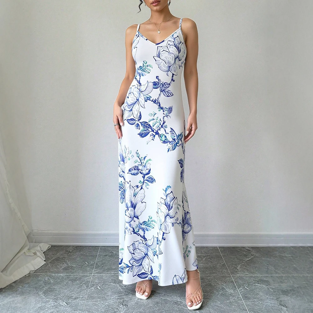 Летние платья Mia Muse 2025 г., женское элегантное модное длинное платье без рукавов с v-образным вырезом и принтом растений