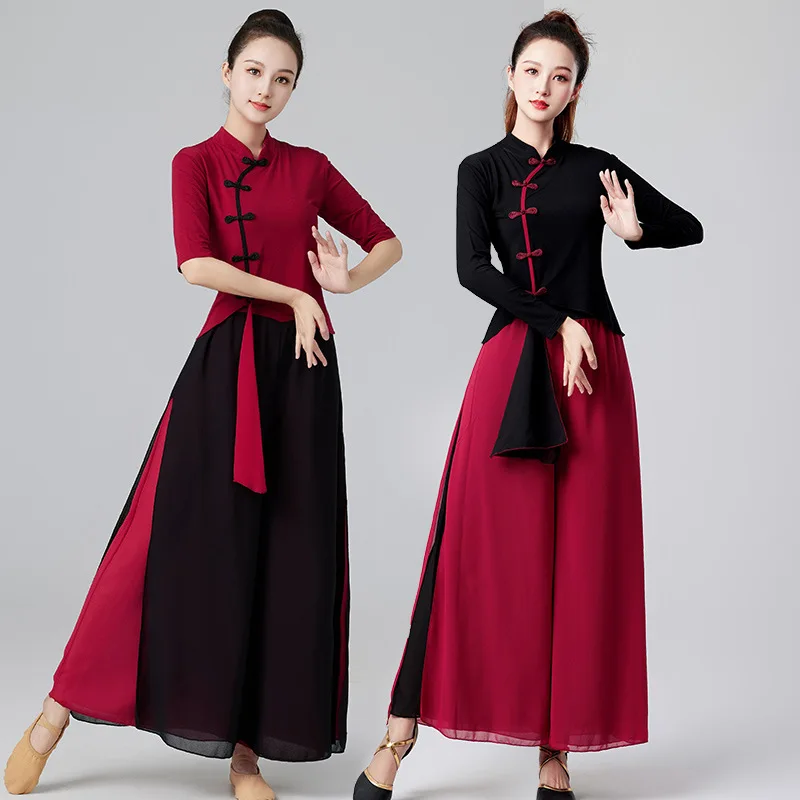 New women's square dance clothing set, Odair pipa medium and long-sleeved dancing clothes, chiffon dance practice clothes