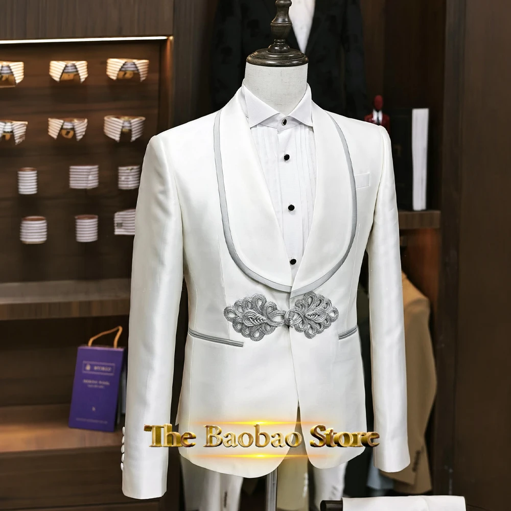 Premium Men's White Suit 2pcs Shawl Lapel Jacket Pants Grey Button Slim-Fit Custom Tuxedo for Groom Wedding Party Cocktail