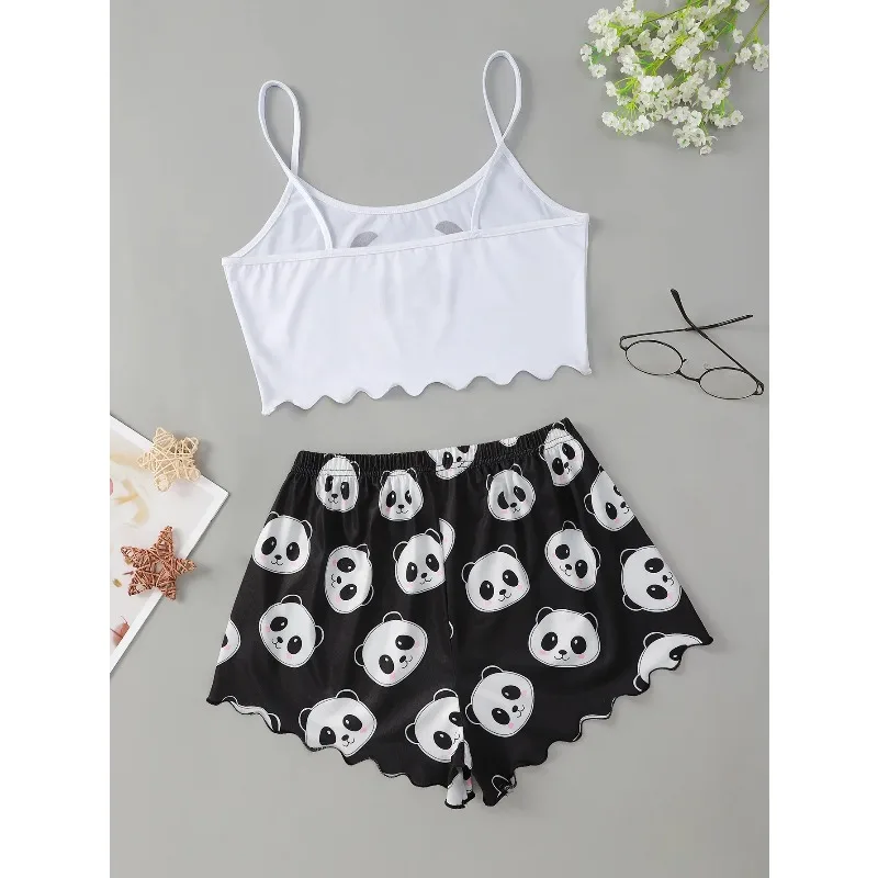 Women Panda Print Cami Pajama Set Spaghetti Strap Crop Top Shorts Sleepwear Ladies Casual Home Loungewear Two Piece Outfit