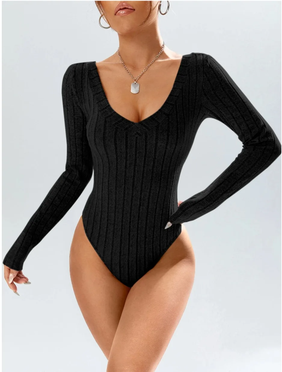 2024 outono com nervuras de malha bodysuit feminino com decote em v corpo terno manga longa topo para mulher cinza preto 2023 novas roupas outono inverno