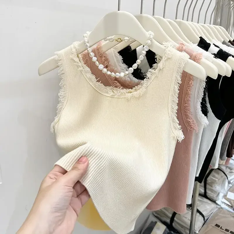 

Летняя женская майка, однотонная вязаная майка без рукавов с кисточками и U-образным вырезом, ледяное шелковое нижнее белье, эластичная тонкая женская одежда, жилет 2025