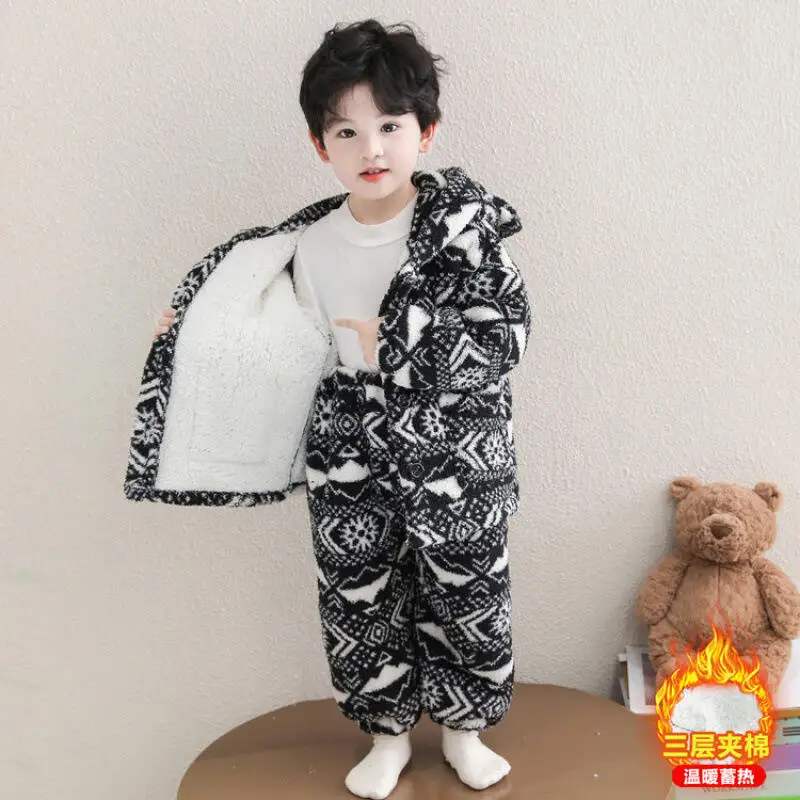 الشتاء القطن وسادة مبطنة السراويل قطعتين مجموعة الصبي هوديي القمم الطفل Kawaii موضة جديدة نمط ملابس منزلية غير رسمية منامة الملابس