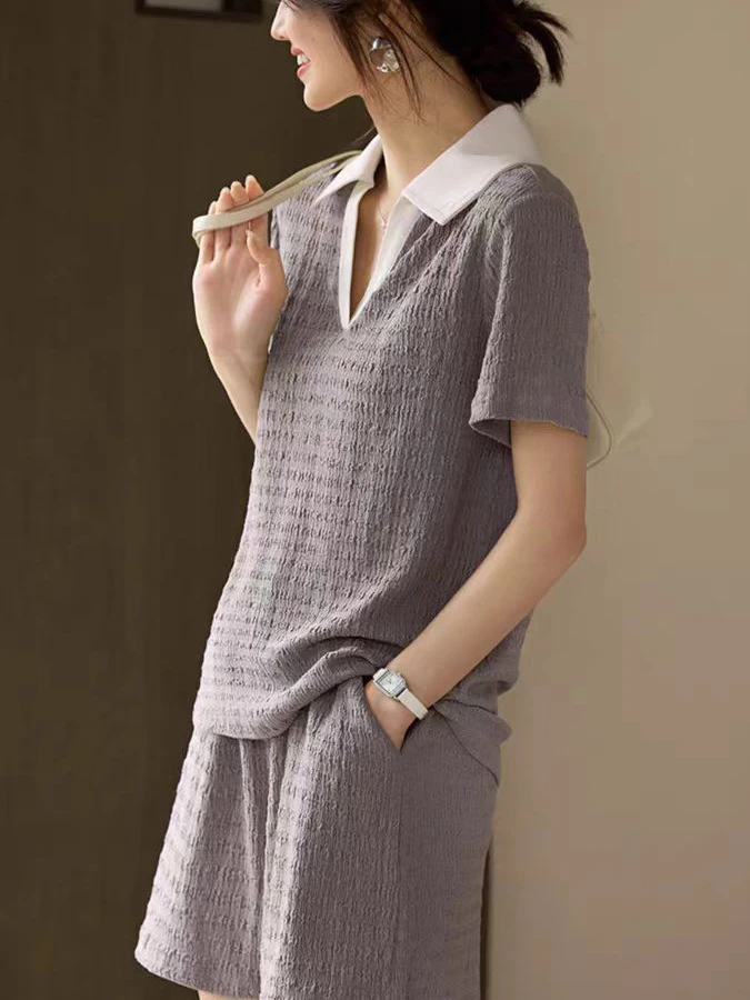 

Summer Neck Sportswear Set Short Sleeve Shorts Running Suit Two-Piece Casual Fashionable Age-Defying for Young Women