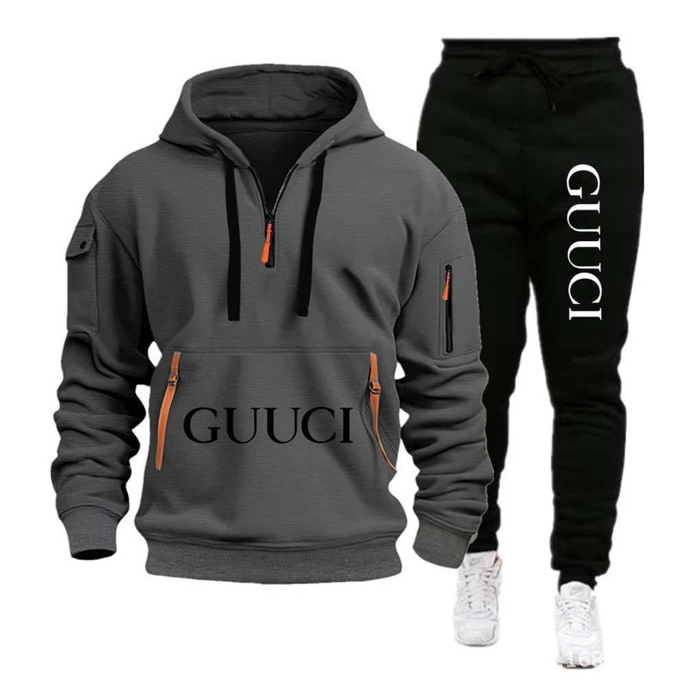 Men\'s Leisure Sports Pullover Multi Zipper Arm Pocket Hoodie Set Autumn/Winter Fashion Hoodie Hoodie Men\'s Loose Coat Pants Suit