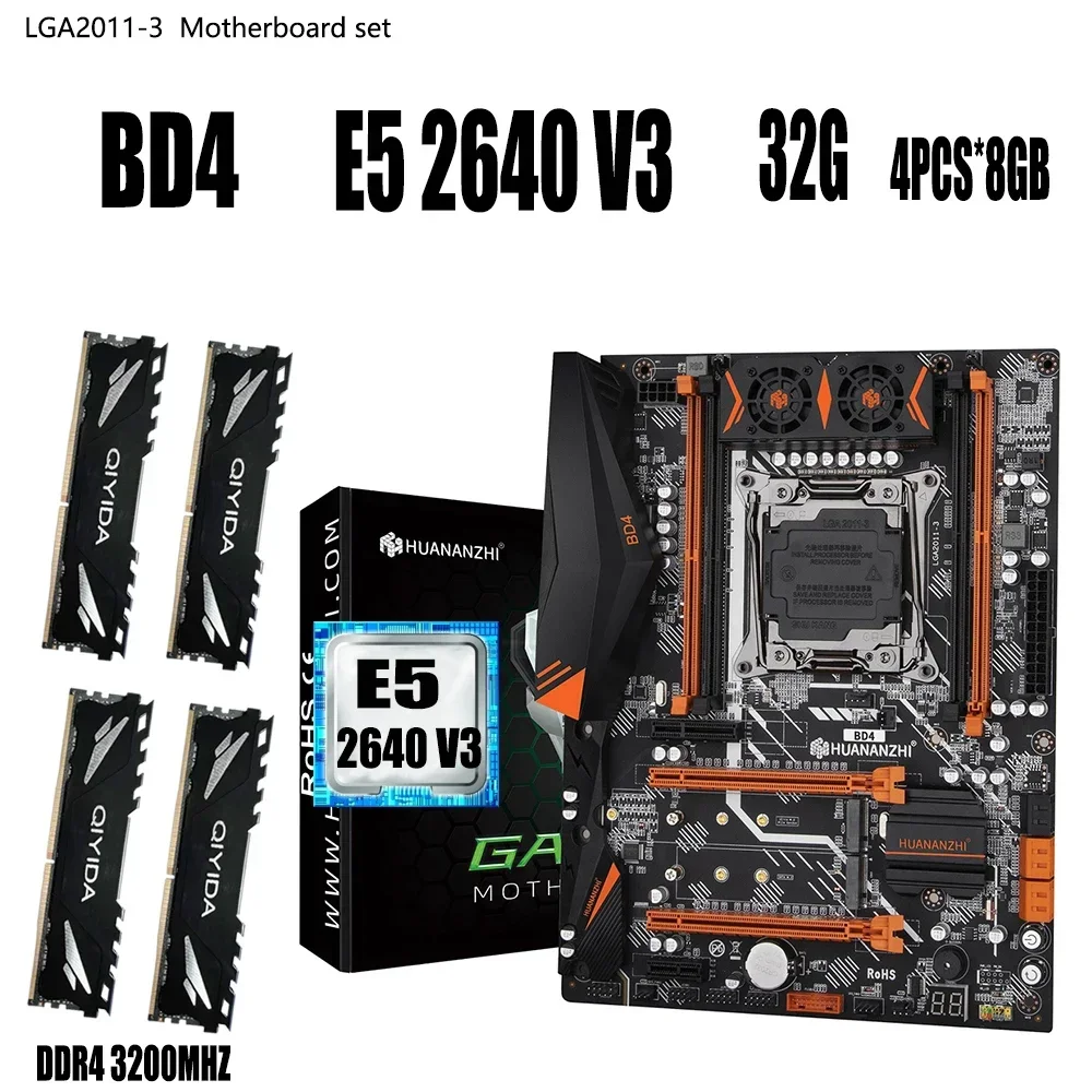 HUANANZHI X99 motherboard set BD4 LGA2011-3 E5 2640V3 CPU 4x8GB =32GB 3200MHz DDR4 memory USB3.0 PCI-E16X NVME NGFF M.2 Server