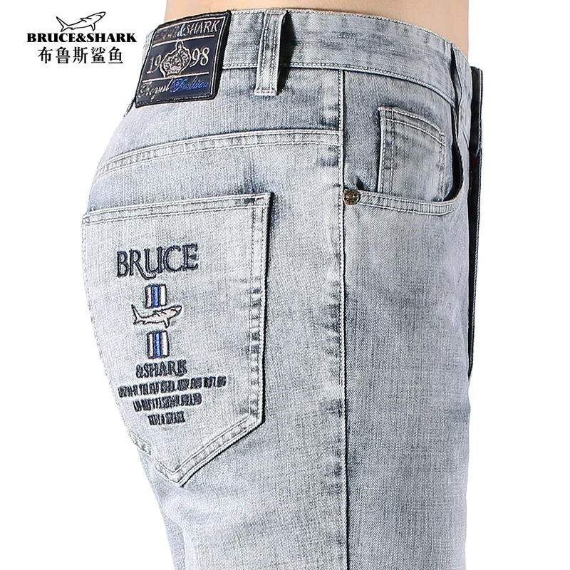 

New winter men's jeans stretch fashion casual super quality embroidery straight leg 99% cotton loose big size 42 Bruce shark