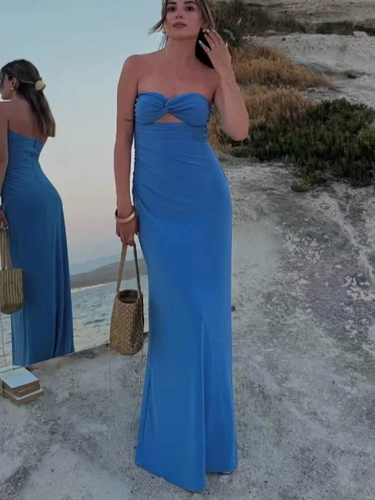 HH Women Summer Solid Back Zipper Sexy Pleated Long Dress Sleeveless Women Fashion Backless Open Design Tube Top Dresses