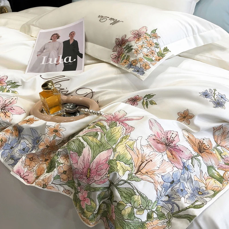 

Pastoral Style Flowers Embroidery Egyptian Cotton Bedding Set Duvet Cover Bed Sheet Linen Pillowcases Mattress Cover 180x200 CM