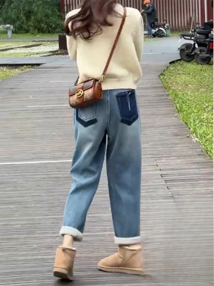 

Женские джинсы Thi Harlan Carrot на подкладке, длинные брюки с высокой талией, зимний сезон, большие размеры, джинсы для папы-груши в стиле аpe