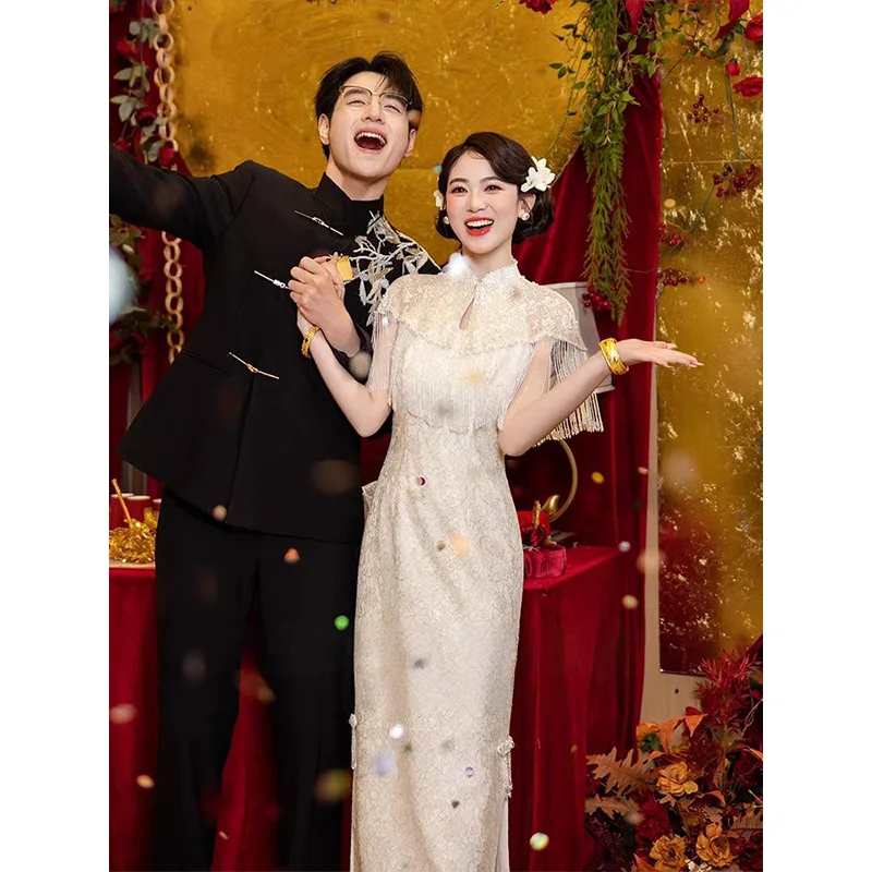 Champagne Colored Wedding Dress Engagement Party Return Home Thank You Banquet Evening Gown Chinese Silk mid Waist