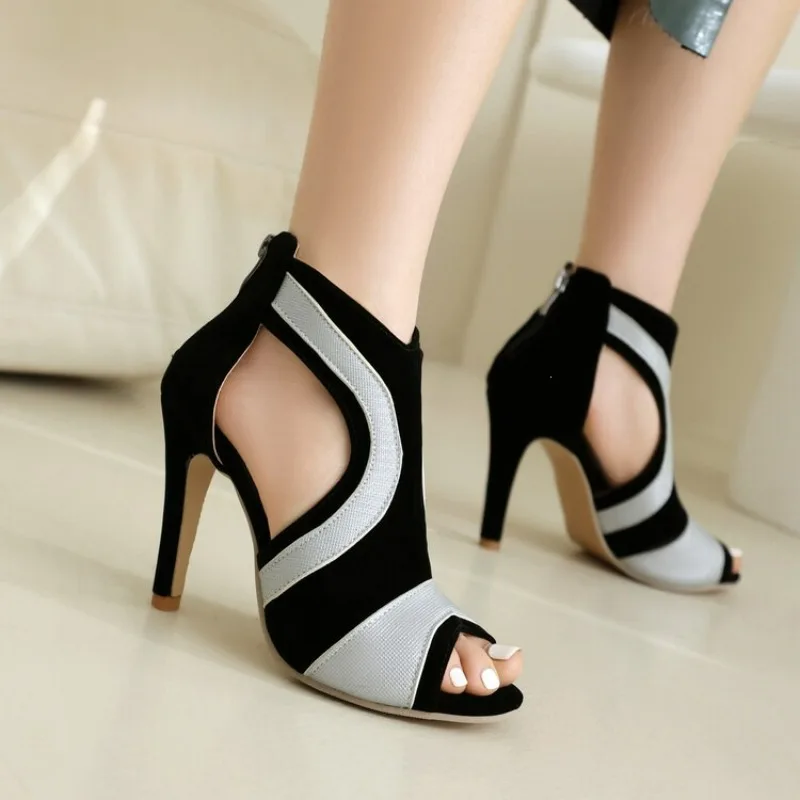 Women Black Grey Colorblock Peep Toe Cutout High Heel Ankle Boots Sandals