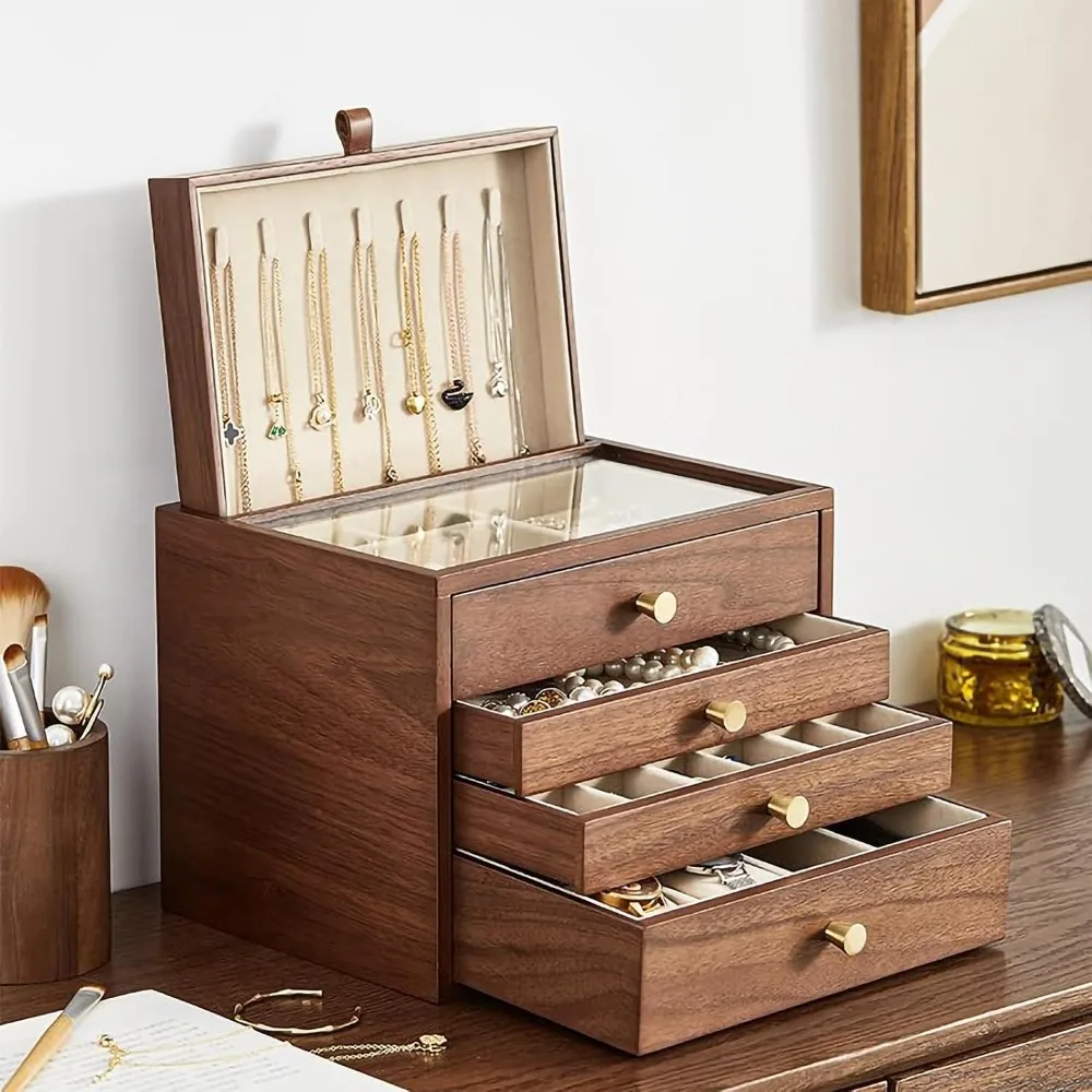 Black Walnut Wooden Jewelry Box for Women Layer with Glass Lid and Pull-out Necklace Storage Layer Watch Necklace Ring Earring