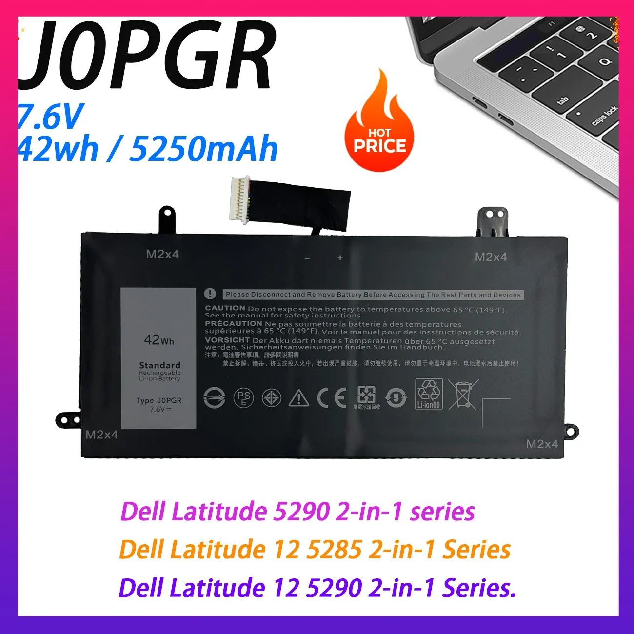 

J0PGR Laptop Battery Replacement for Dell Latitude 12 5285 5290 2-in-1 T17G 1WND8 JOPGR X16TW 0X16TW 0FTH6F 7.6V 42Wh 4Cell