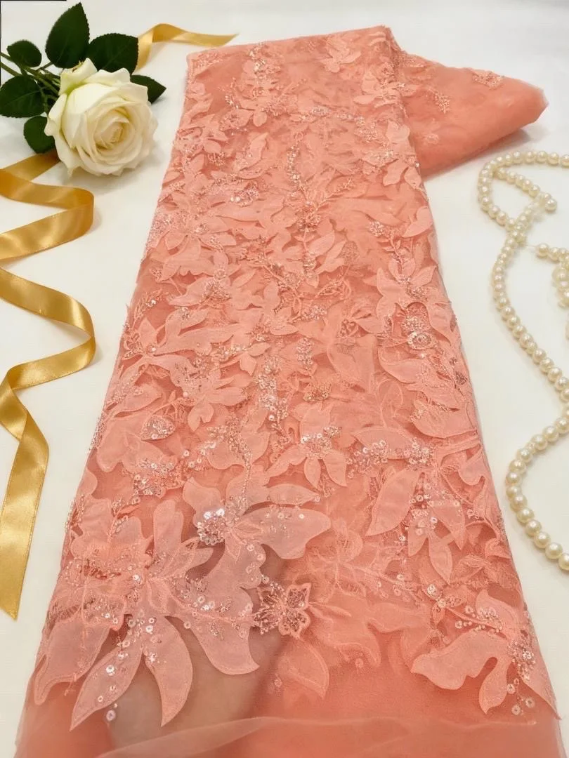 

2025 African Nigerian Sequins Embroidery High-Quality Tulle Lace Fabric Sewing Sequin Fabric for Party Prom Dresses Women 5 Yard