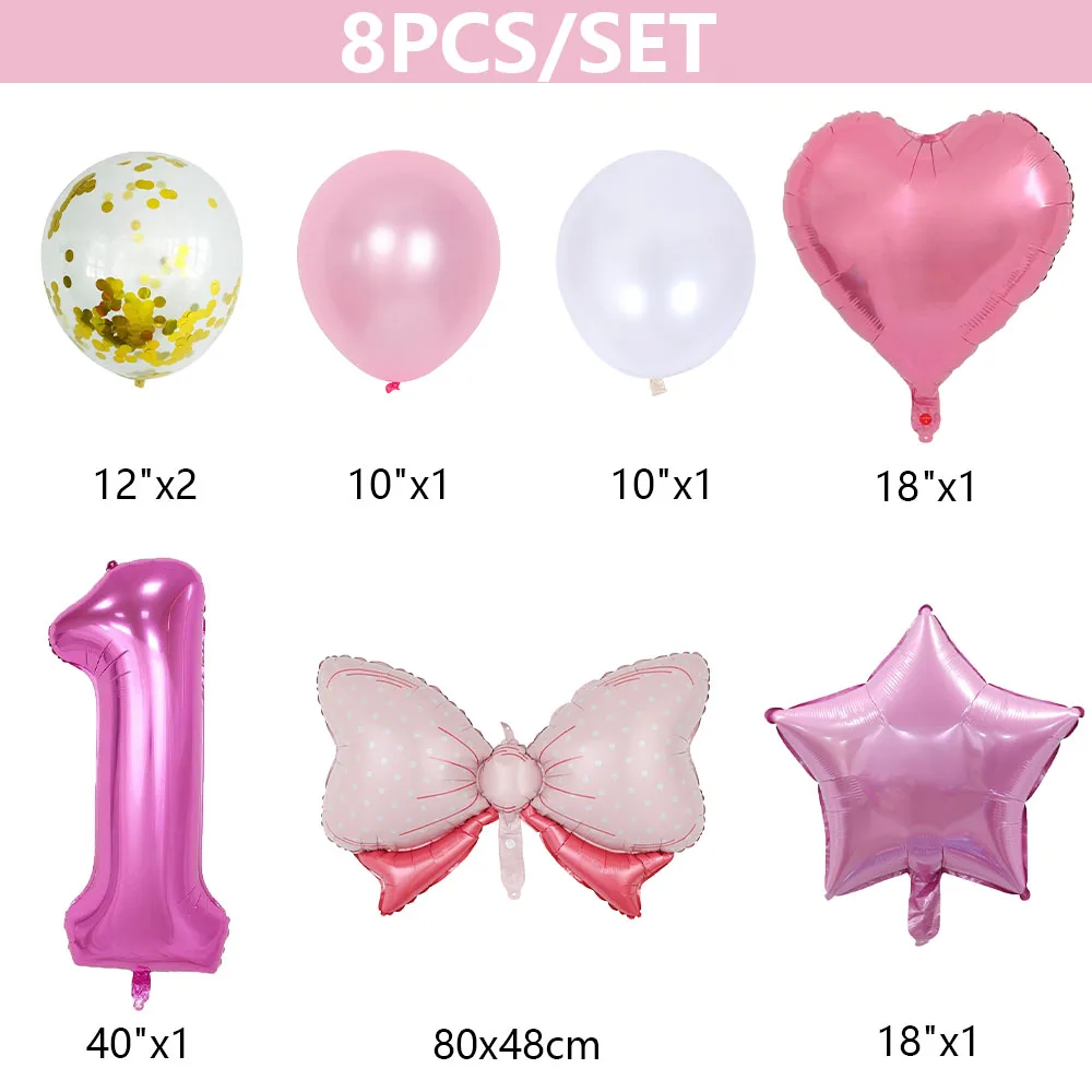 8pcs Bow Baby Girl Pink Blue Balloon Set 40inch Number Balloon Stroller Helium Ball 1-9th Birthday Party Decorations Baby Shower