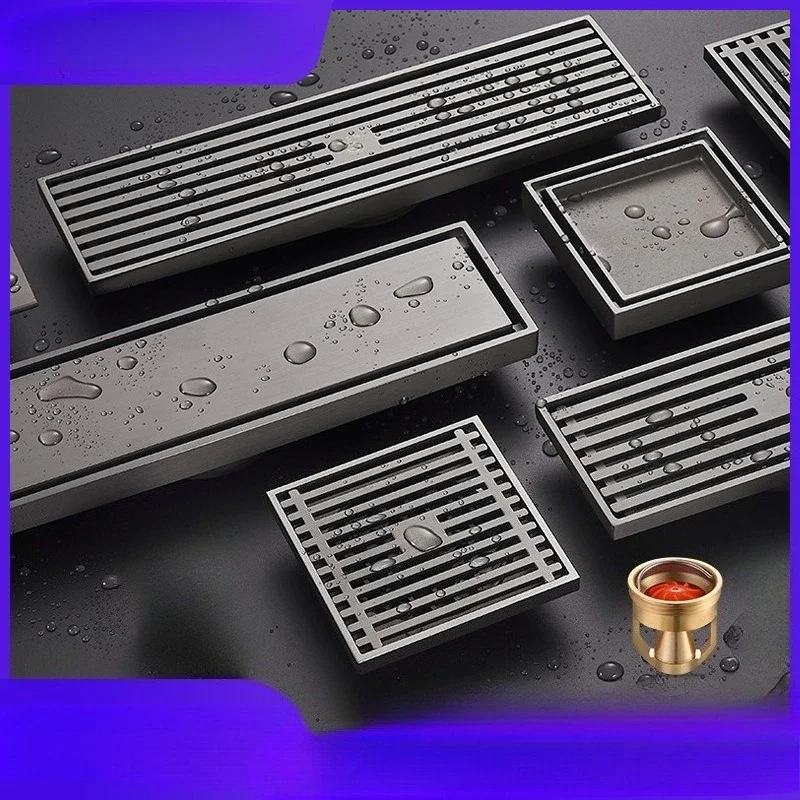 Gray Hygiene-Enhanced All Copper Deodorant Floor Drain - Magnetic Suspension High Capacity, Bathroom Invisible/Square/