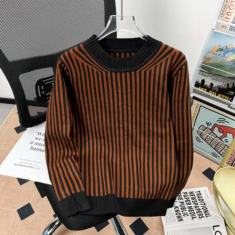

Мужской искусственный вязаный свитер из двух частей, высококачественный полосатый свитер, мужской весенне-осенний стиль, модный внутренний слой, облегающий низ s
