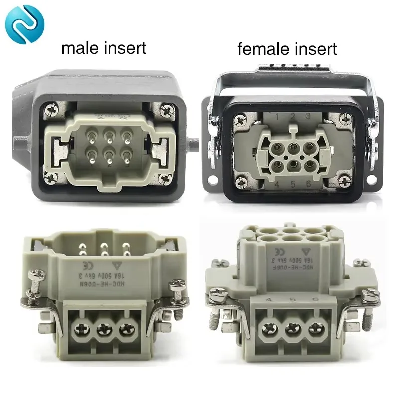 Rectangular heavy duty connector HE-06 core industrial waterproof aviation plug socket 16A top line and side outlet
