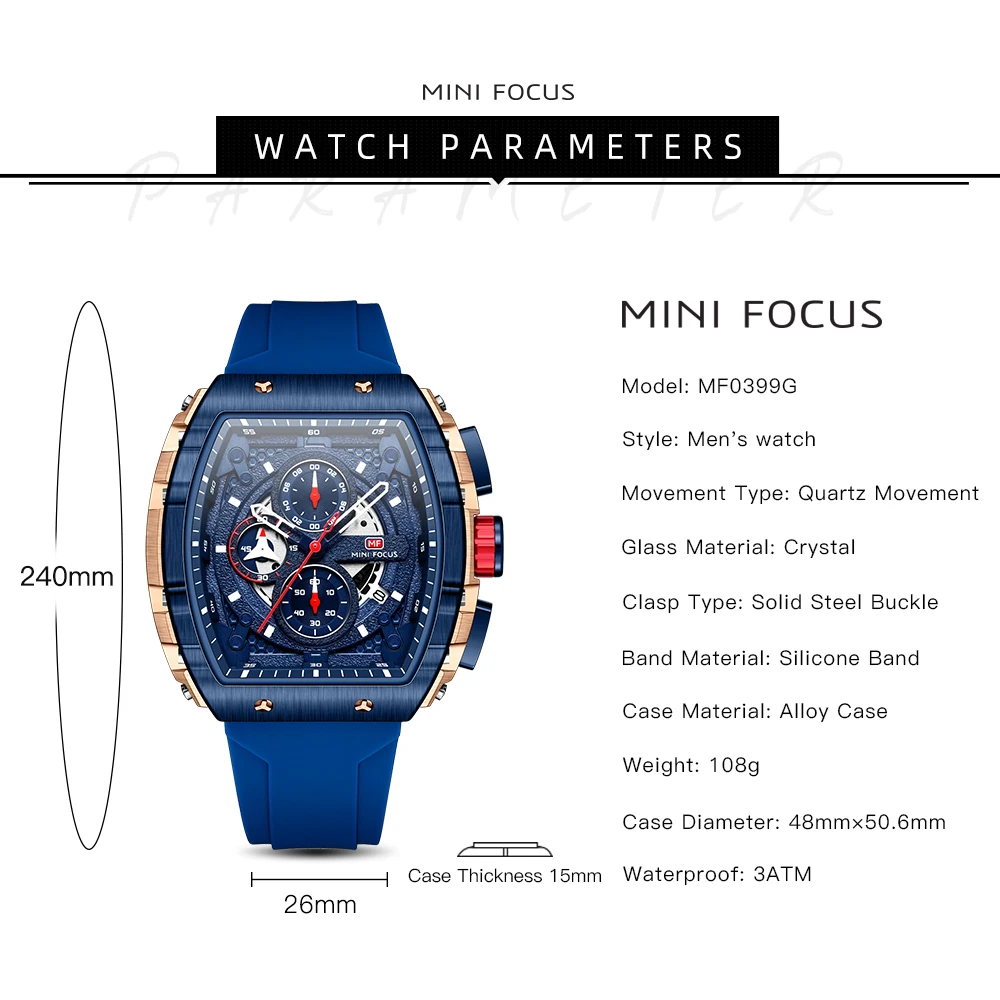 MINI FOCUS Sports Multifunctional Quartz Watch for Men Calendar Chronograph Waterproof Silicone Strap Fashion Mens Watches 2024