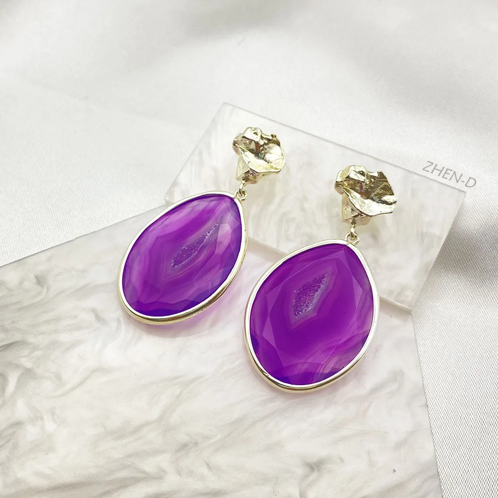 ZHEN-D Jewelry Natural Stone Charming Agate Gold Plated Romantic Rose Earrings Elegant Pure Purple Healing Gift for Girl Women