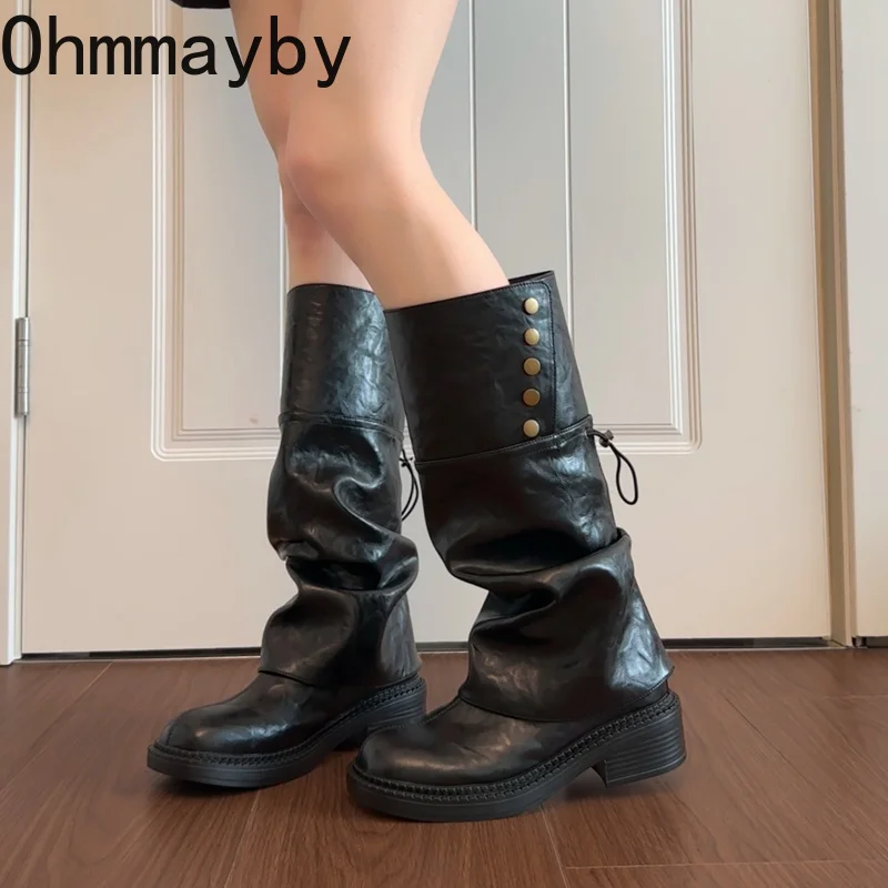 Two Ways Wear Women Detachable Knee High Boots Chunky Heel Leather Shoes Autumn Winter Ladies Ruched Mordern Pants Tube Booties