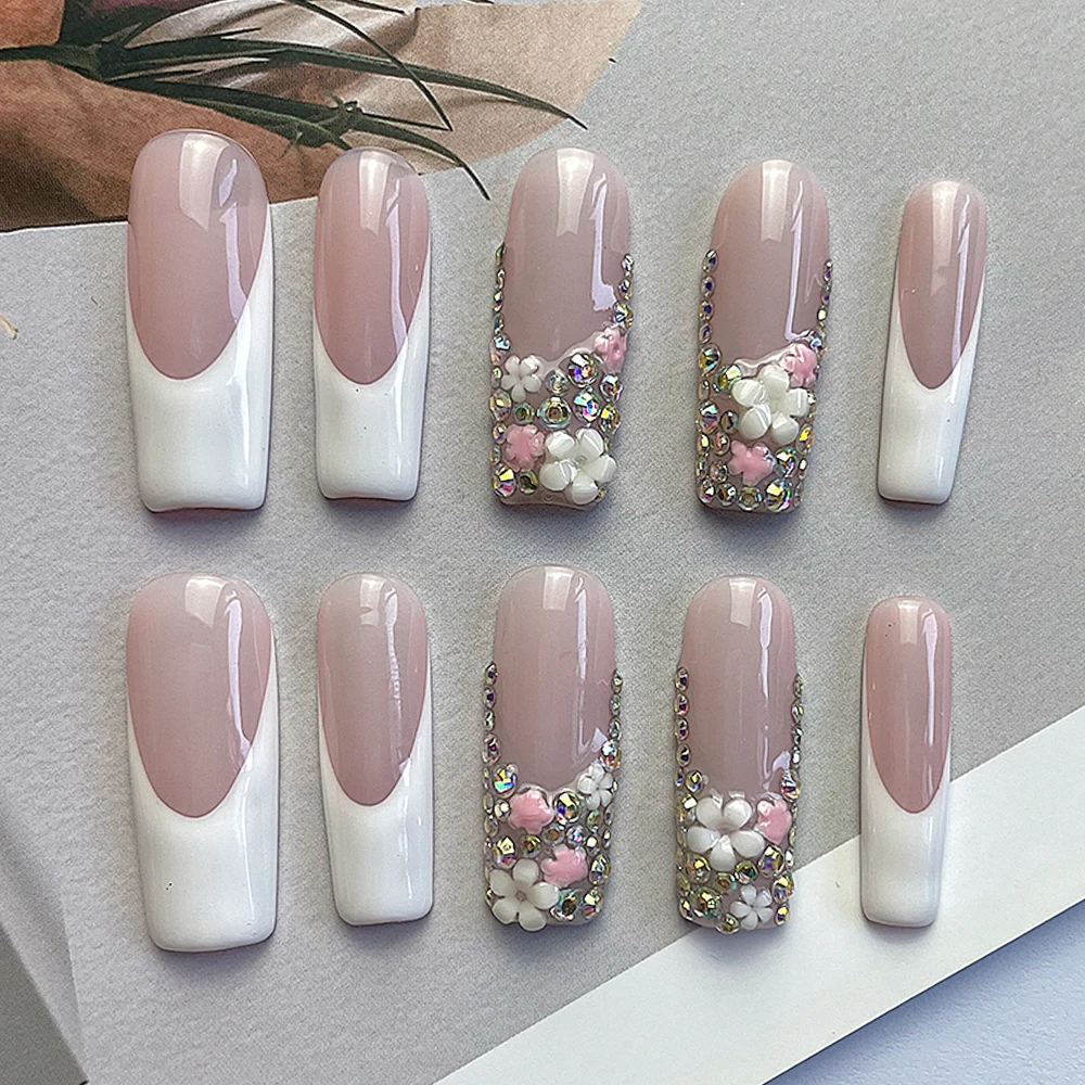 

Pink French Handmade Detachable Full Cover False Nail 3D Flowers Diamond Long Square Acrylic False Nails Ring Bracelet Set