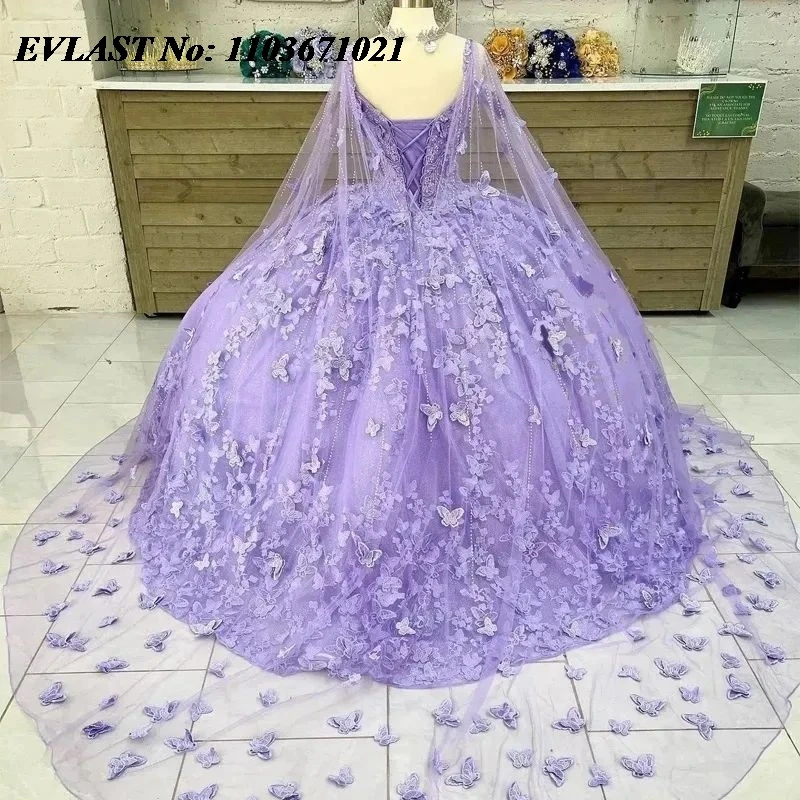 EVLAST-Vestido Lavanda Quinceanera, Applique Floral 3D, Beading Diamond com Capa, Vestido de Baile Sweet 16, XV 15 e SQ57